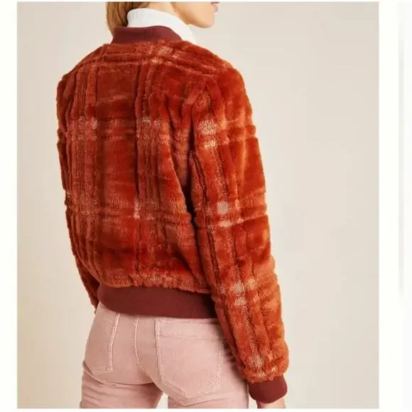 Anthropologie Faux Fur Teddy Bomber Jacket 2X NWOT Rust Plaid Coat Western